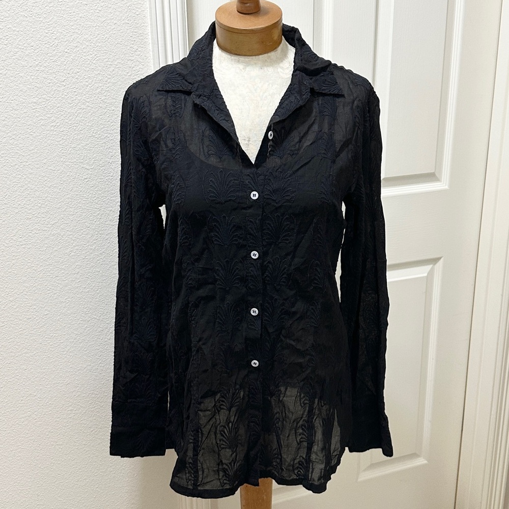 Cake Couture Elegant Semi-Sheer Black Embroidered L/S Button Down Top - XL